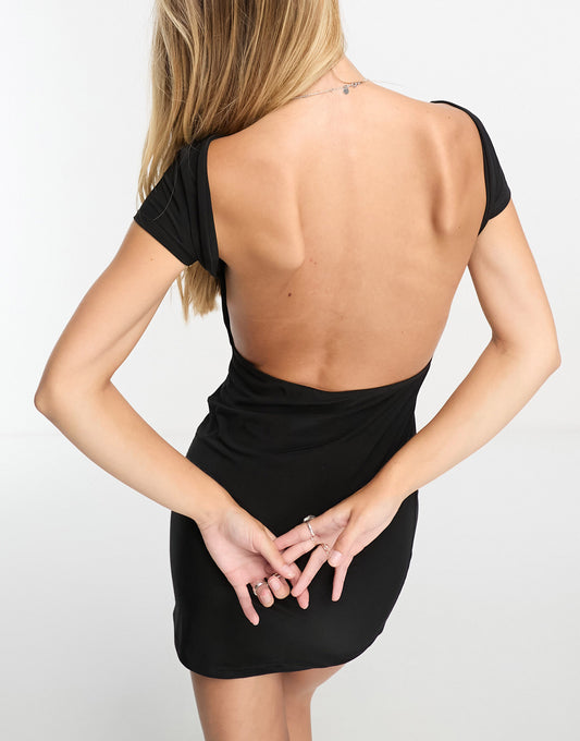 ASOS DESIGN slash neck open back mini dress in black