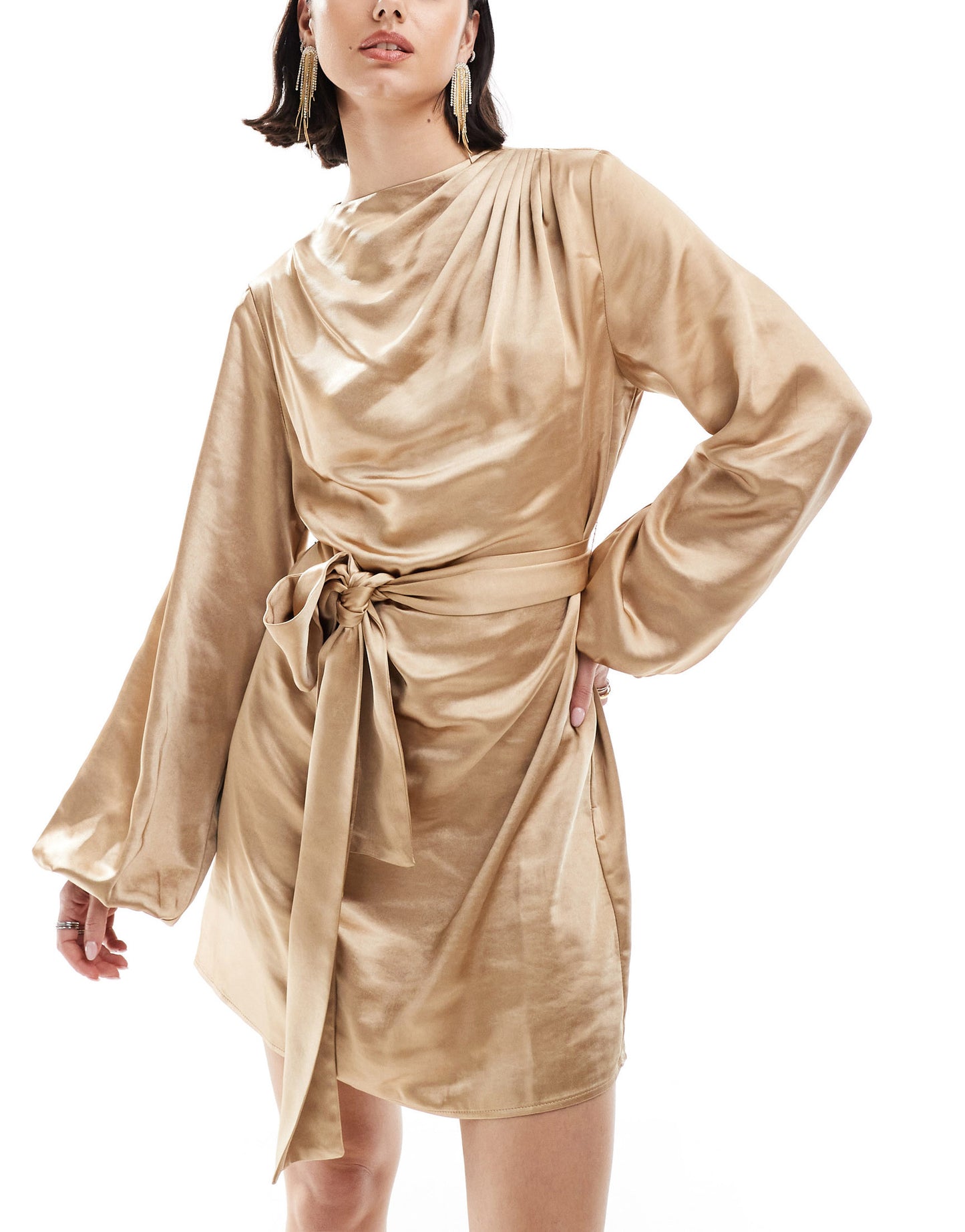 Pretty Lavish tie waist satin mini dress in matte gold