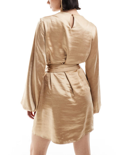 Pretty Lavish tie waist satin mini dress in matte gold