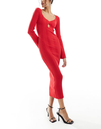 Pretty Lavish sweetheart neck knitted midi dress in red