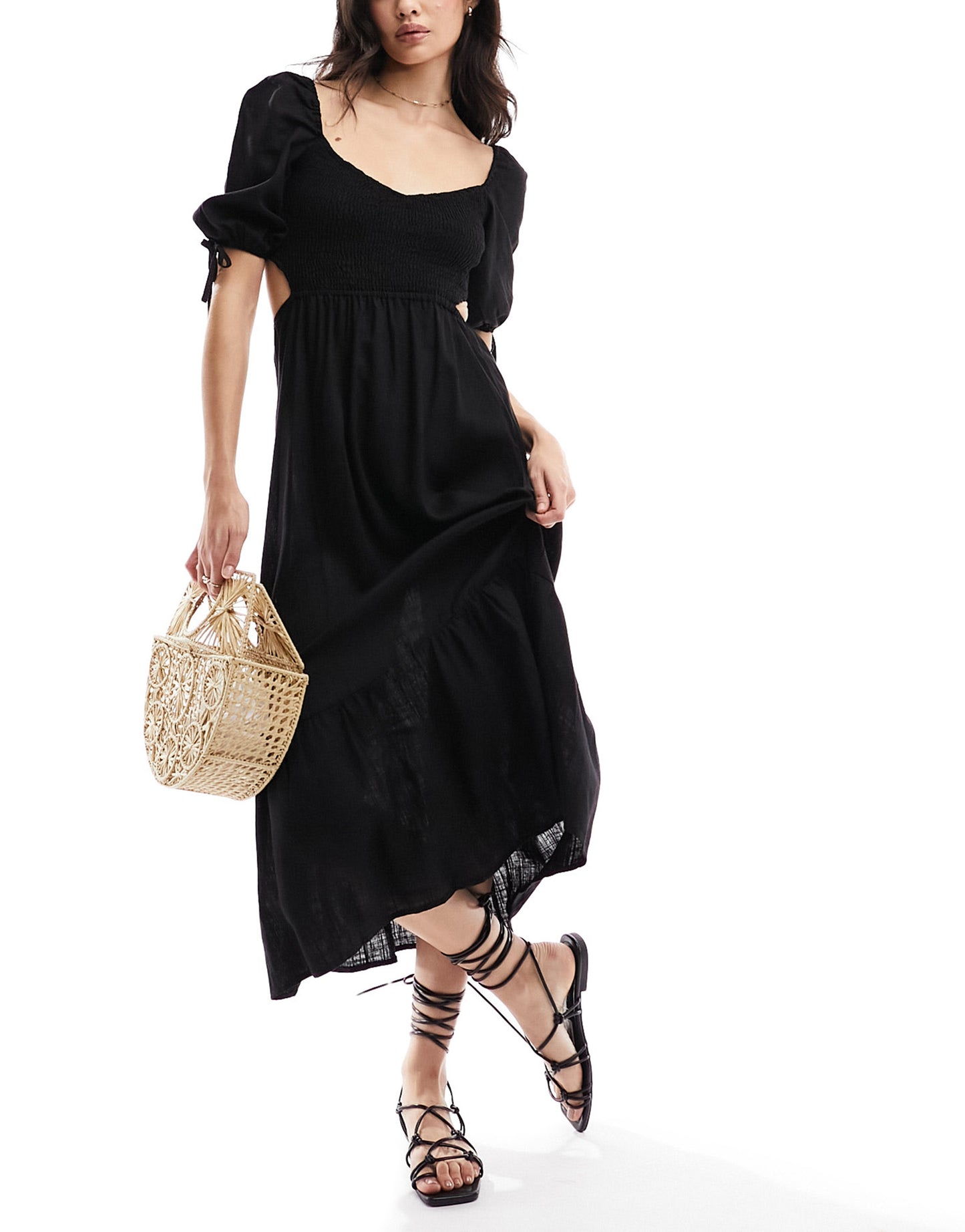 The Frolic fin linen shirred front puff sleeve midi beach dress in black