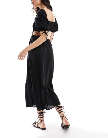 The Frolic fin linen shirred front puff sleeve midi beach dress in black