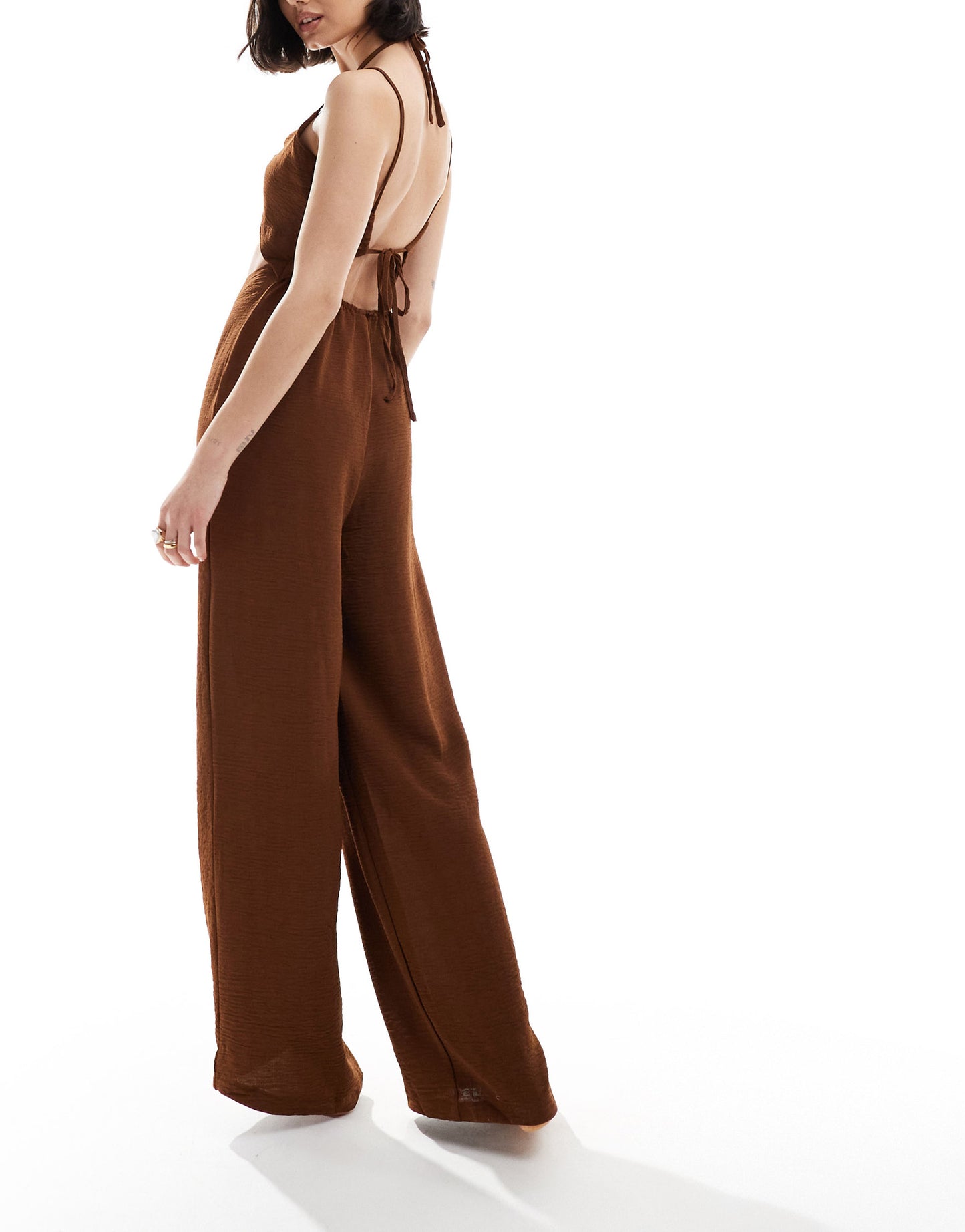 The Frolic tahiti ring tie detail beach jumpsuit in dark brown