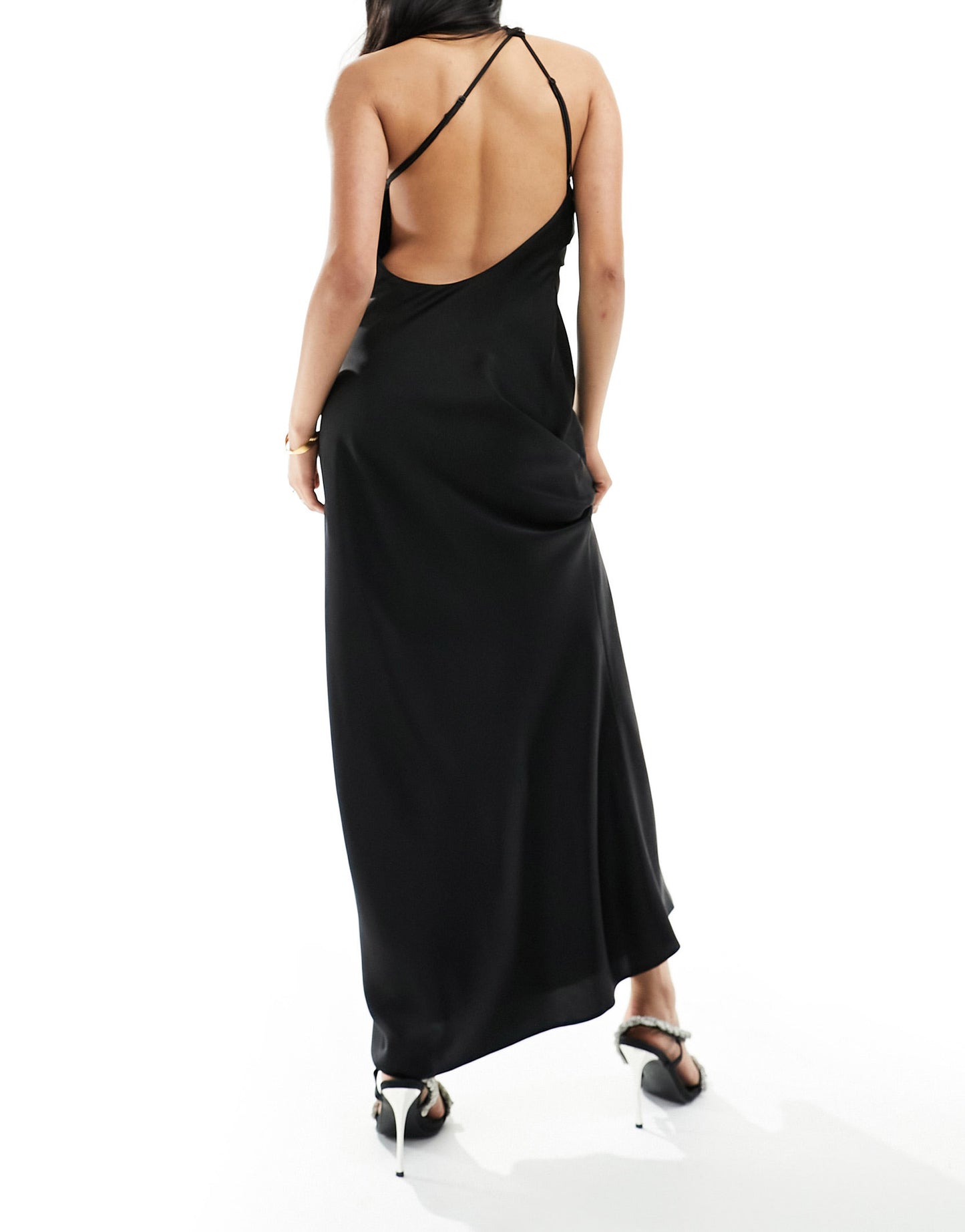 ASOS DESIGN satin one shoulder wrap maxi dress with open back in black