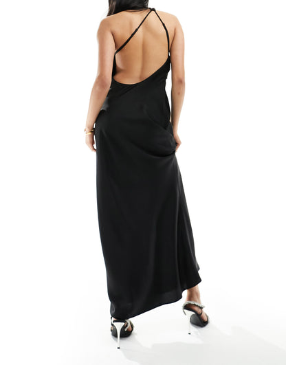 ASOS DESIGN satin one shoulder wrap maxi dress with open back in black