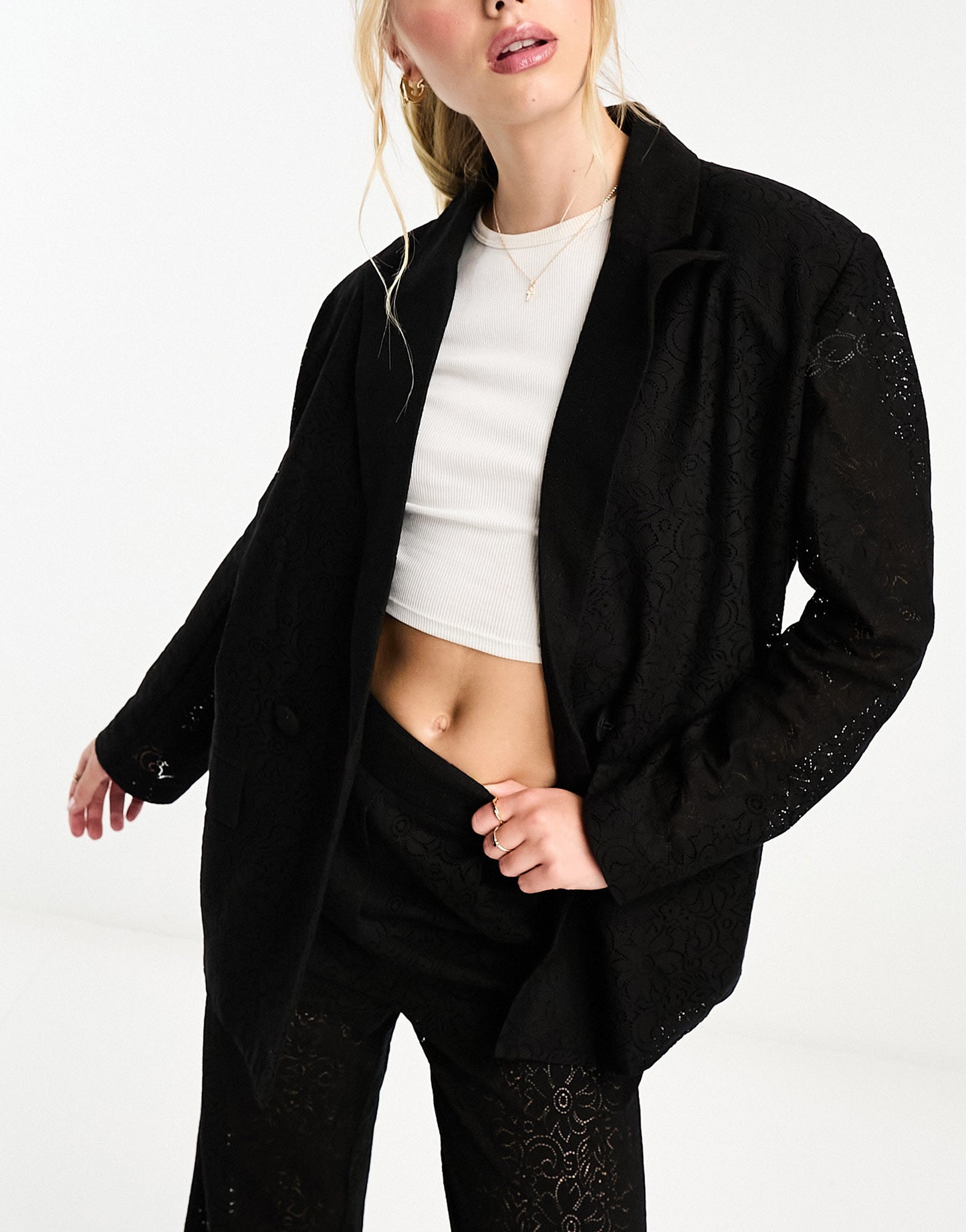 The Frolic lace oversized suit blazer in black co-ord