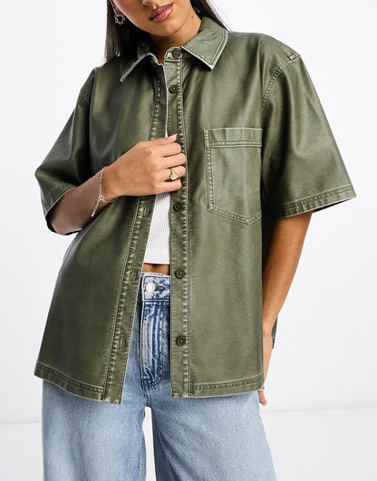 ASOS DESIGN faux leather shirt in washed khaki