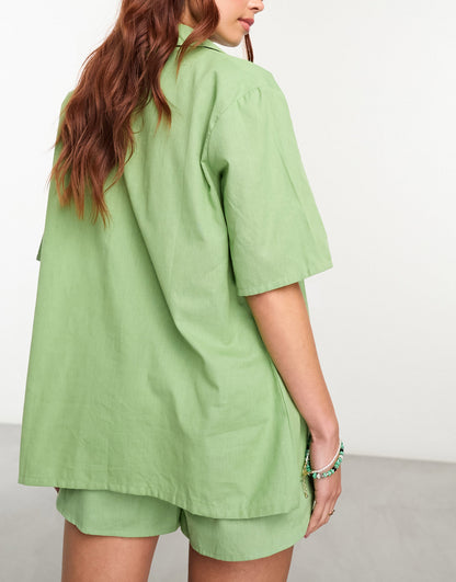 Esmee Exclusive beach short sleeve shirt co-ord in sage green