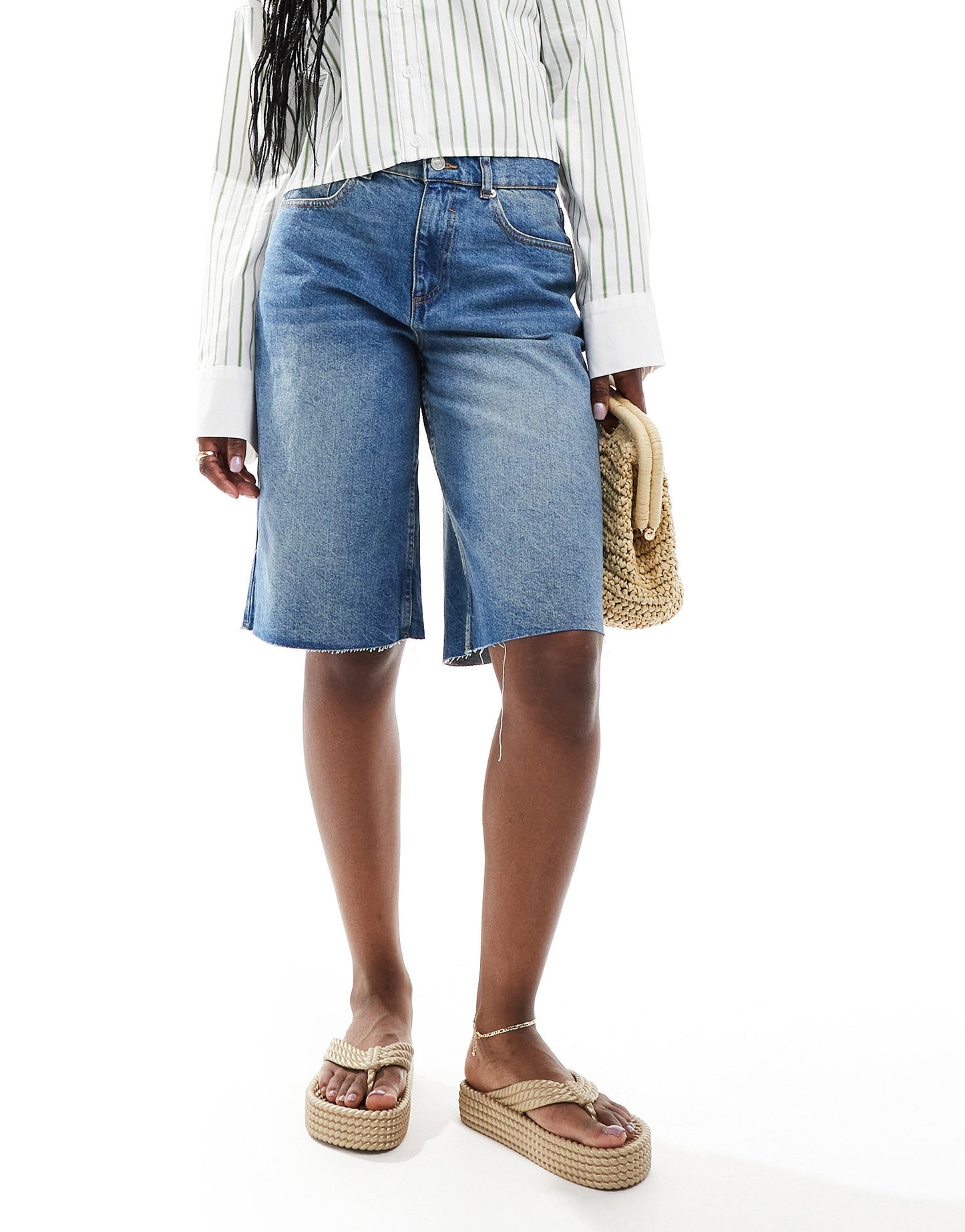 ASOS DESIGN baggy longline denim jorts in midwash blue