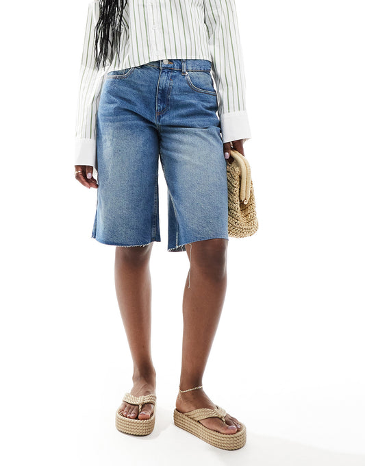 ASOS DESIGN baggy longline denim jorts in midwash blue