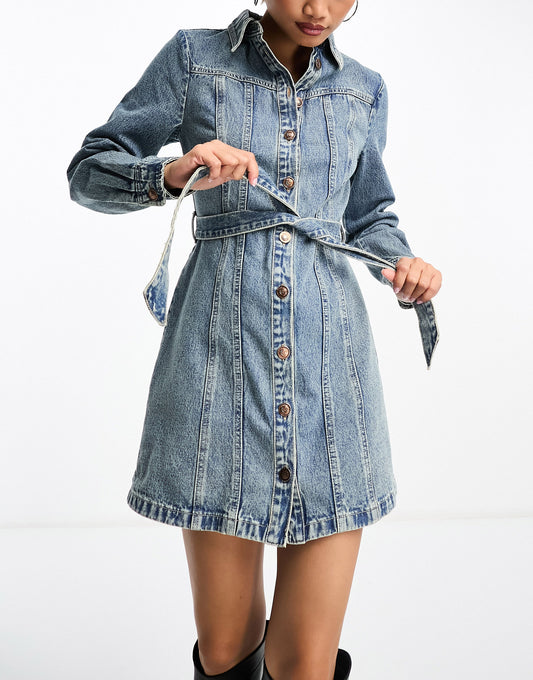 Stradivarius seamed denim shirt dress in medium blue