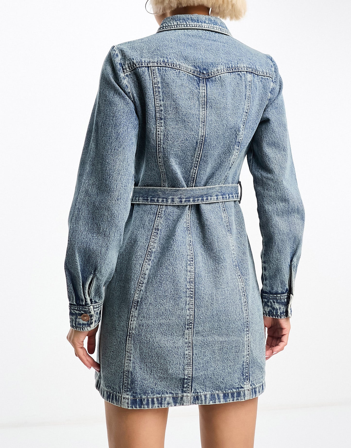 Stradivarius seamed denim shirt dress in medium blue