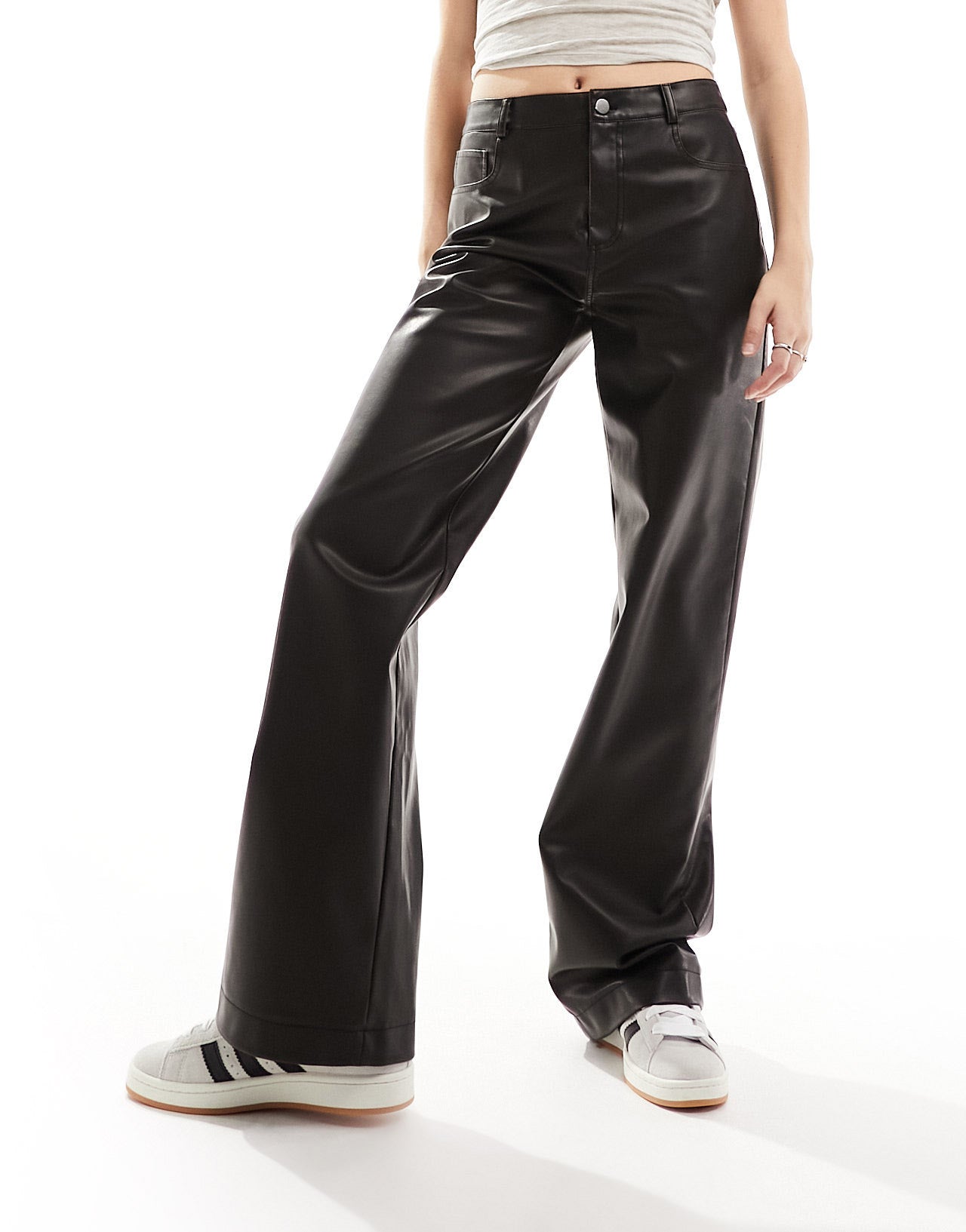 Stradivarius faux leather wide leg trouser in washed brown