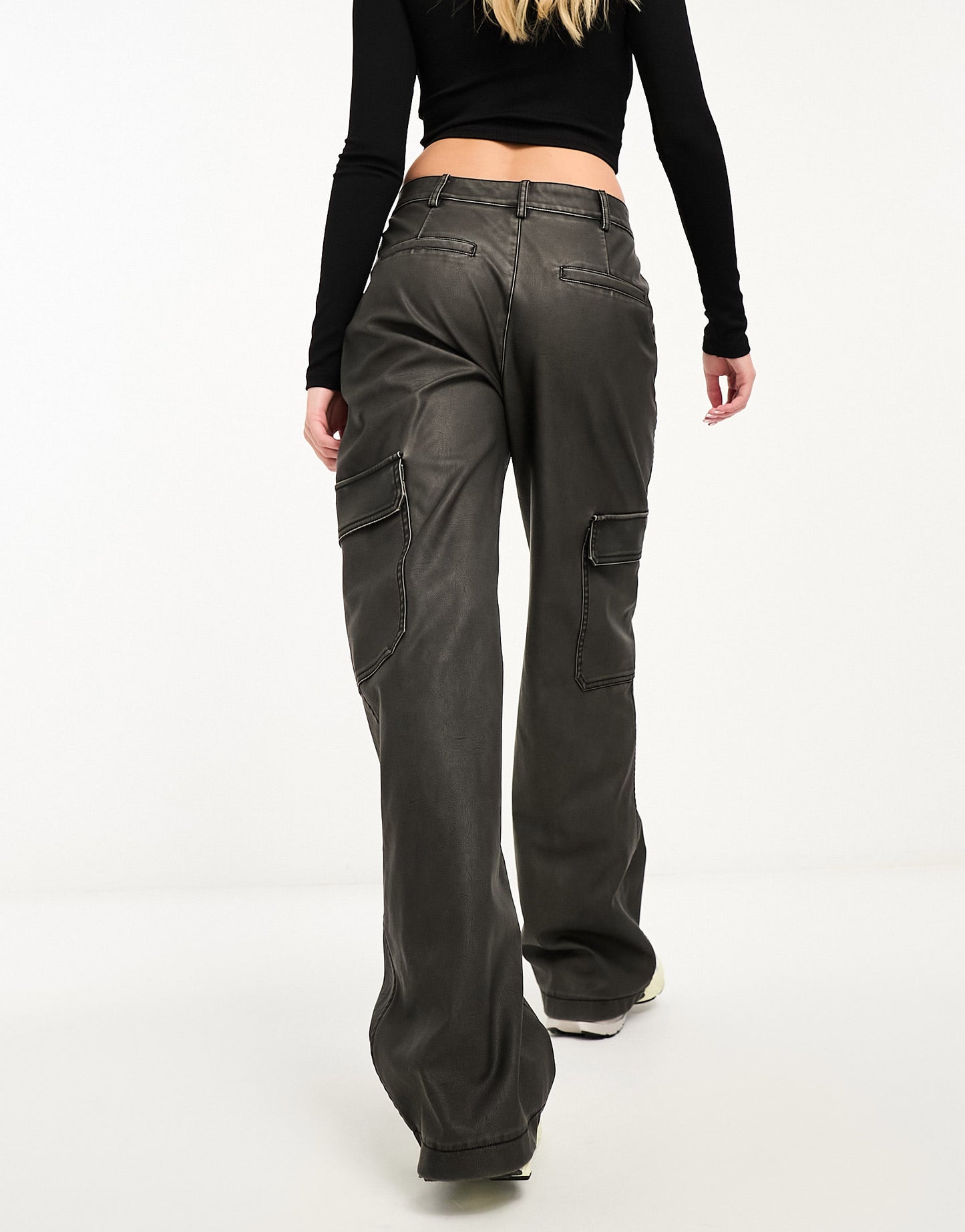 Stradivarius faux leather cargo trouser in washed black