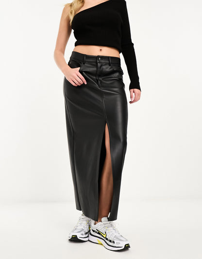 Stradivarius coated denim midi skirt in black