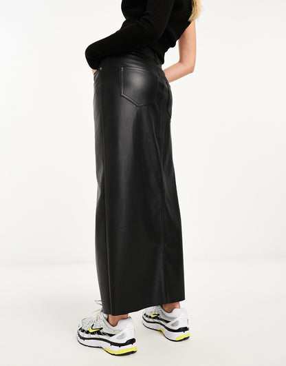 Stradivarius coated denim midi skirt in black