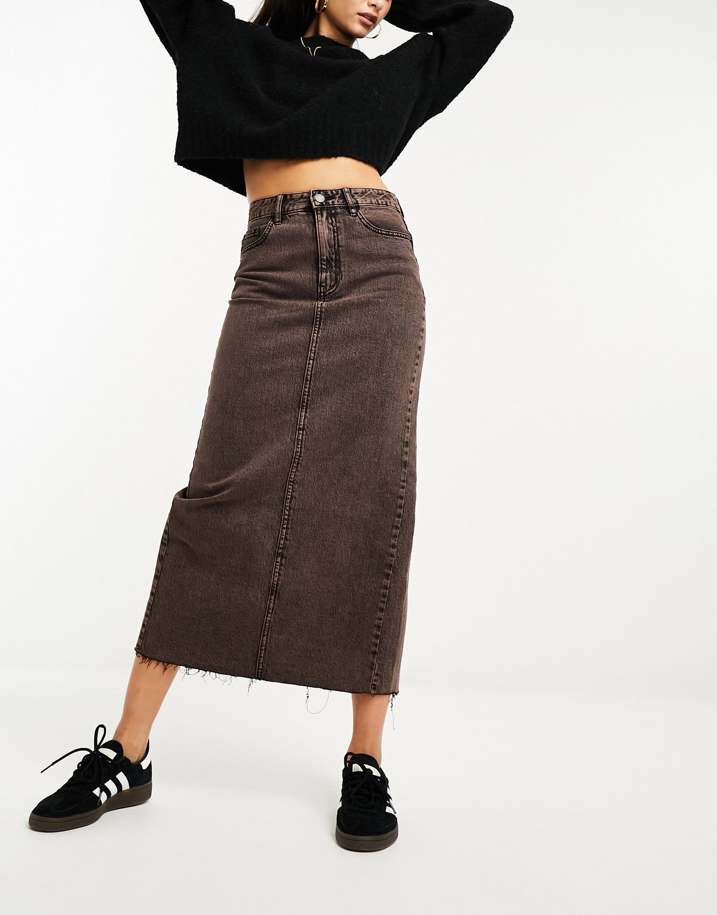 Stradivarius stretch denim midi skirt in brown