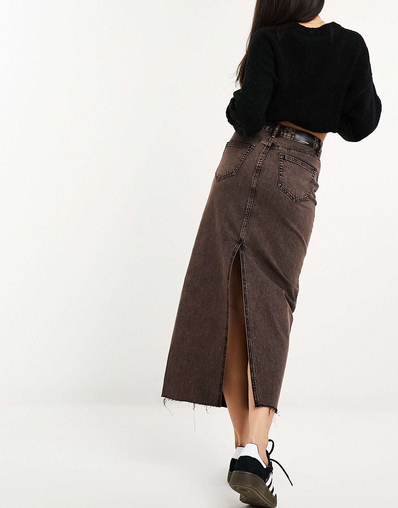 Stradivarius stretch denim midi skirt in brown