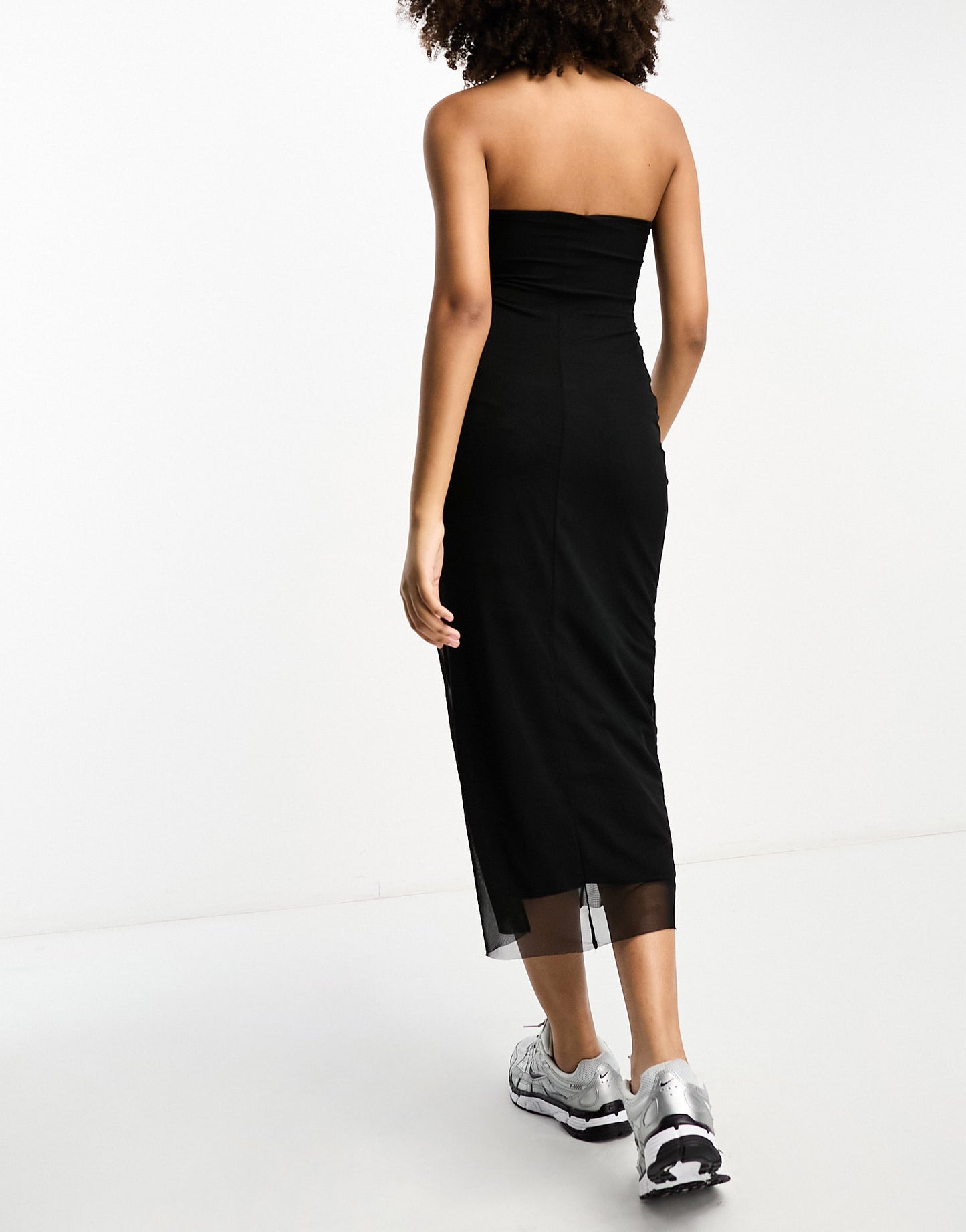 Stradivarius mesh midi dress in black