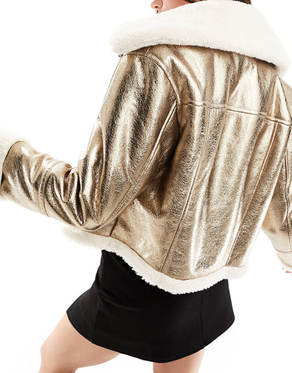 Stradivarius cropped aviator jacket in gold