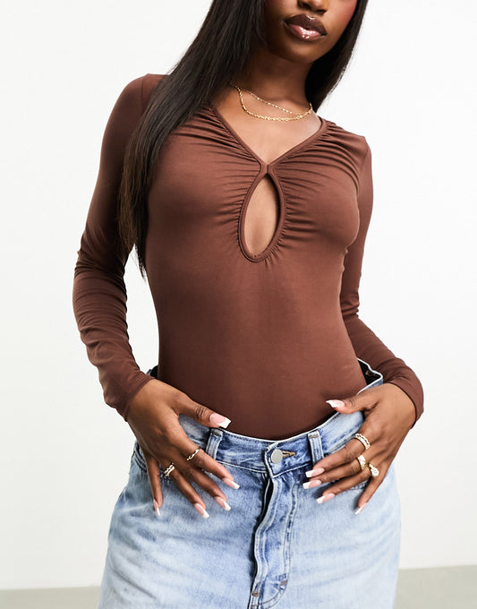 ASOS DESIGN bodysuit with ruched keyhole detail in chocolate brown