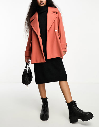 River Island Petite double breasted swing coat in coral