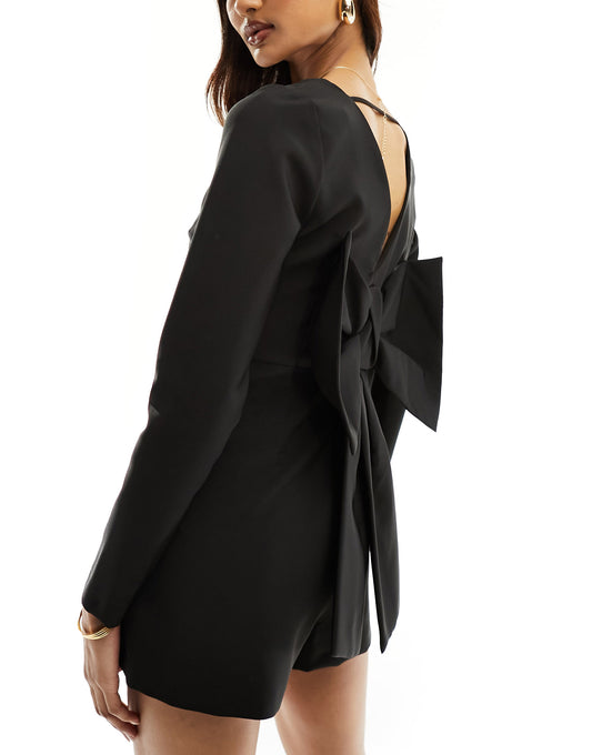 River Island bow back blazer playsuit in black