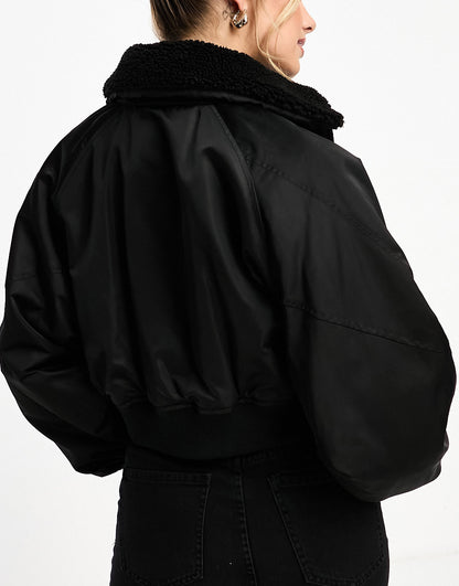 Pull&Bear crop padded bomber jacket in black