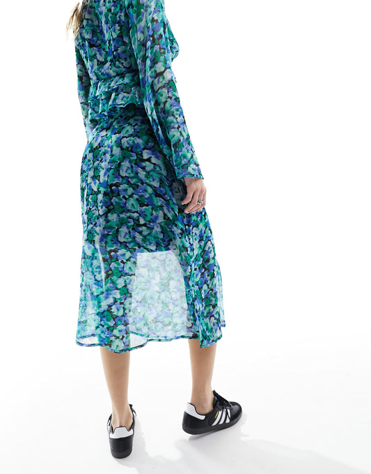 Wednesday's Girl blurred floral print floaty mesh midi skirt co-ord in blue green