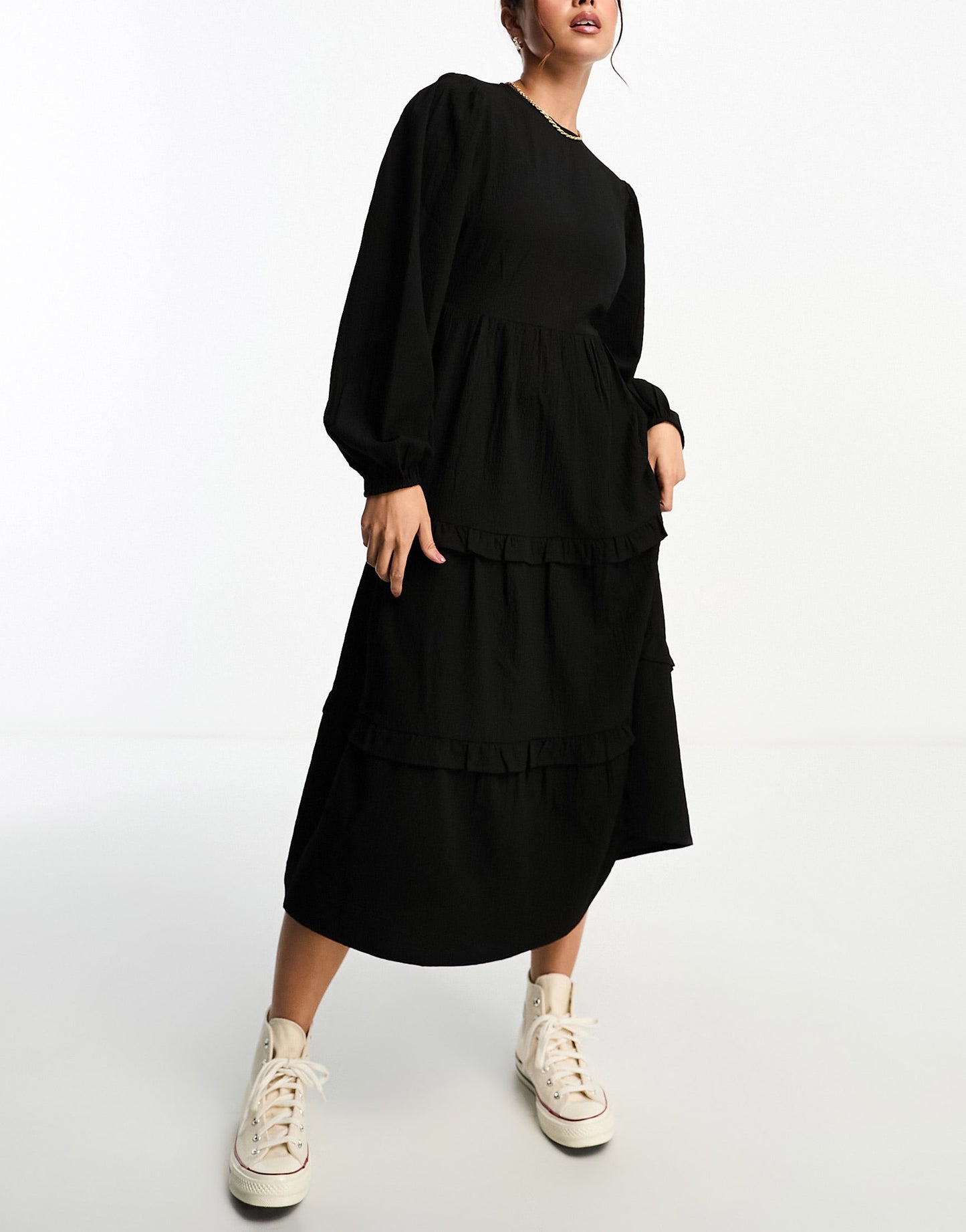 Wednesday's Girl tiered midi smock dress in textured black