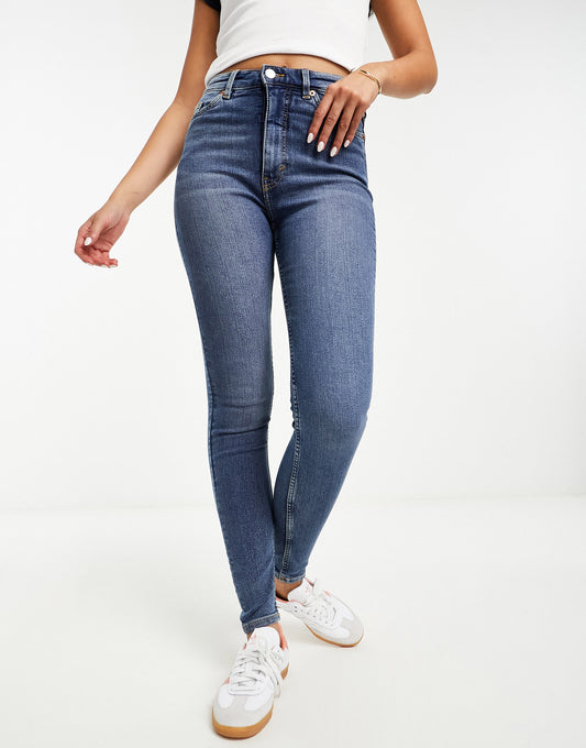 Monki Oki high waisted skinny jeans in indigo blue