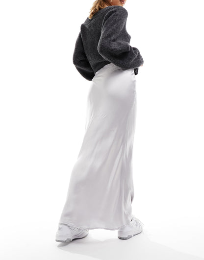 Stradivarius satin midi slip skirt in silver