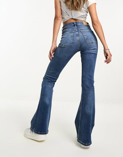 Bershka high waisted flared jeans in dark blue wash