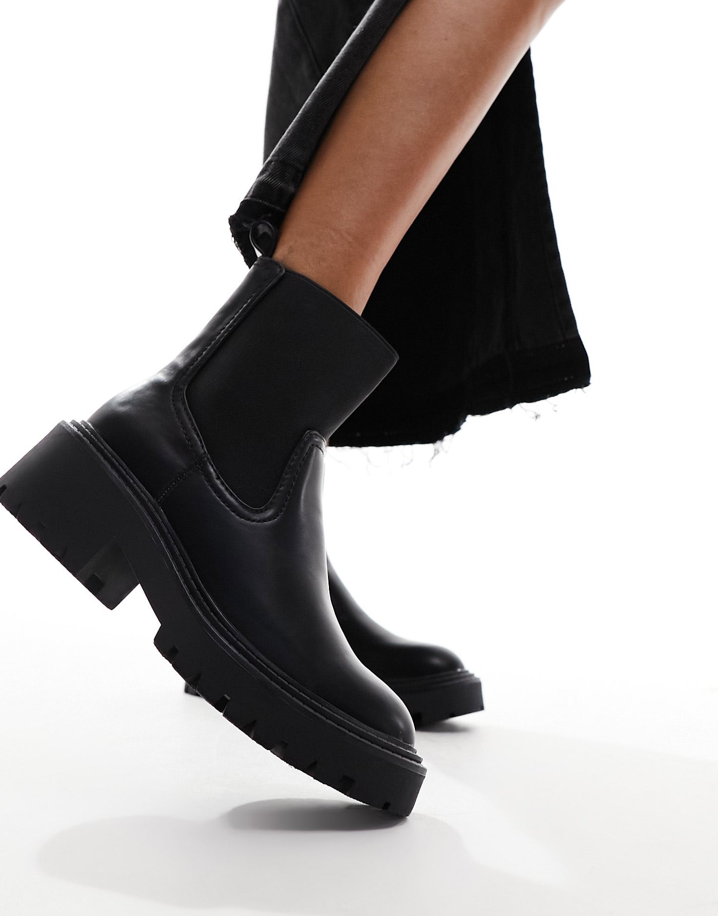 Stradivarius chunky biker boot with ridge sole in black