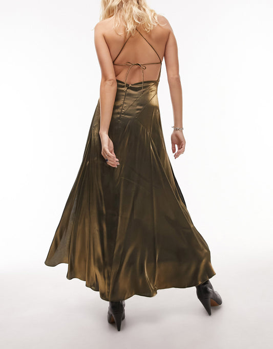 Topshop gold lame tie back midi slip in gold