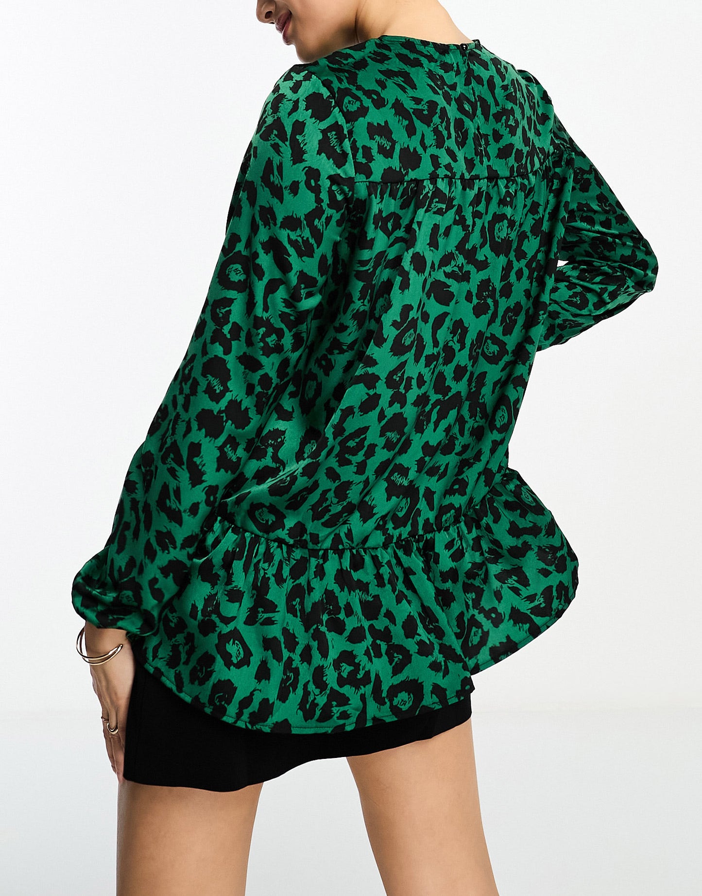 AX Paris pep-hem blouse in green leopard print