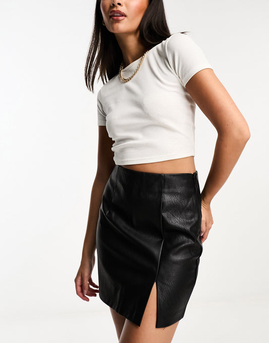 Stradivarius faux leather mini skirt with split hem in black