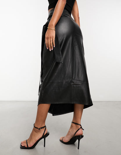 Never Fully Dressed PU wrap midi skirt in black