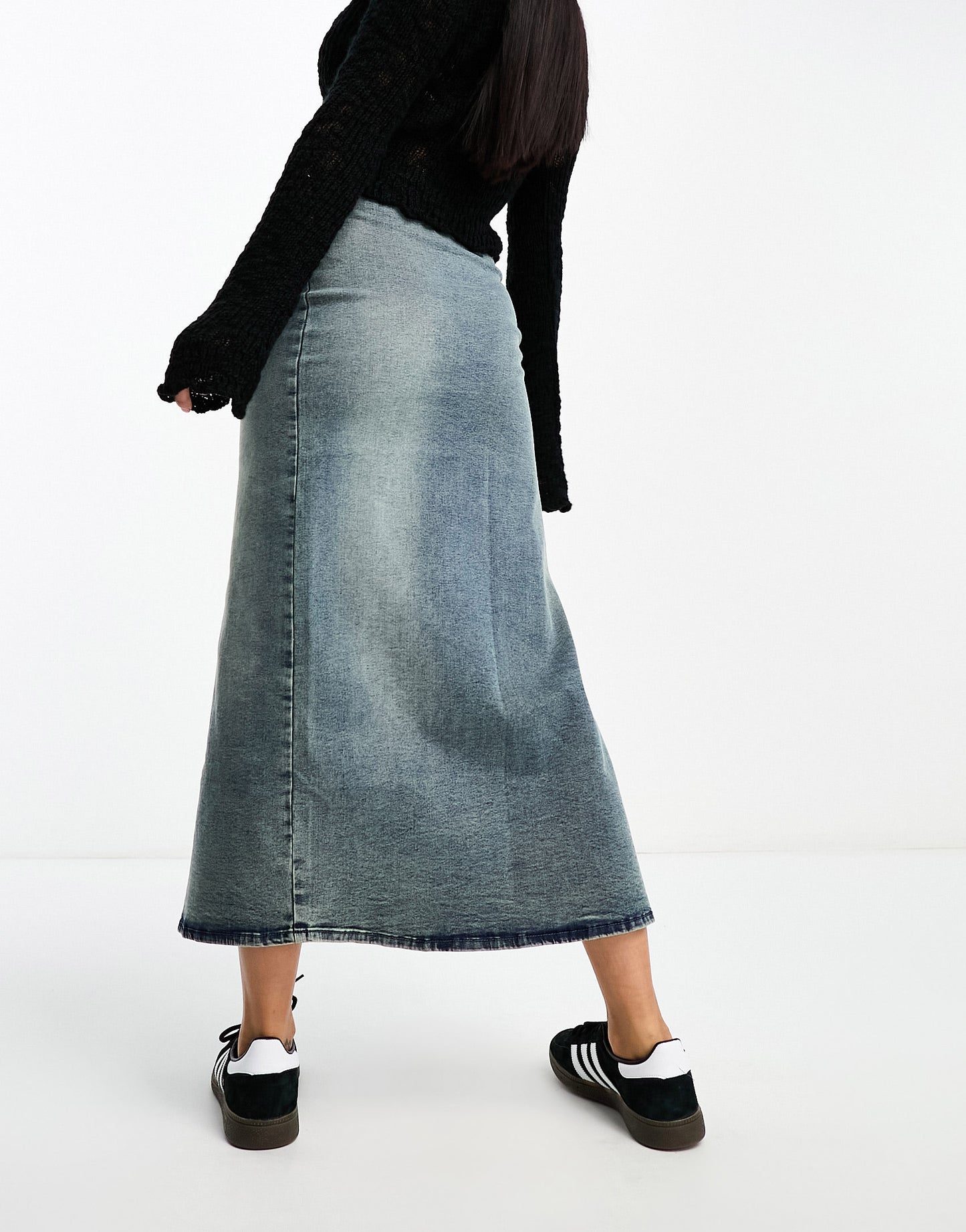 Bershka bodycon denim midi skirt in mid blue