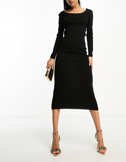 Fashionkilla fine knit low back bodycon midi dress in black