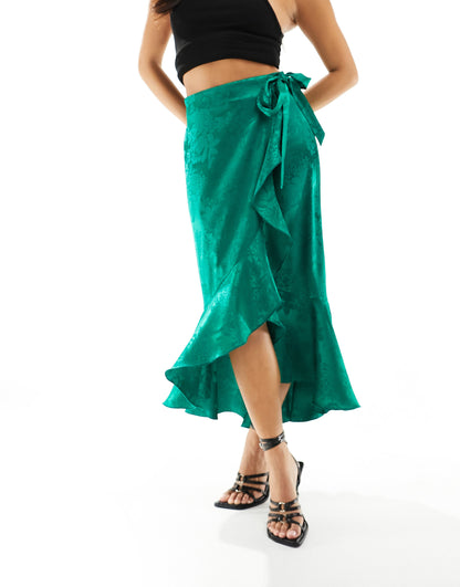 Flounce London Petite satin wrap midaxi skirt in emerald green