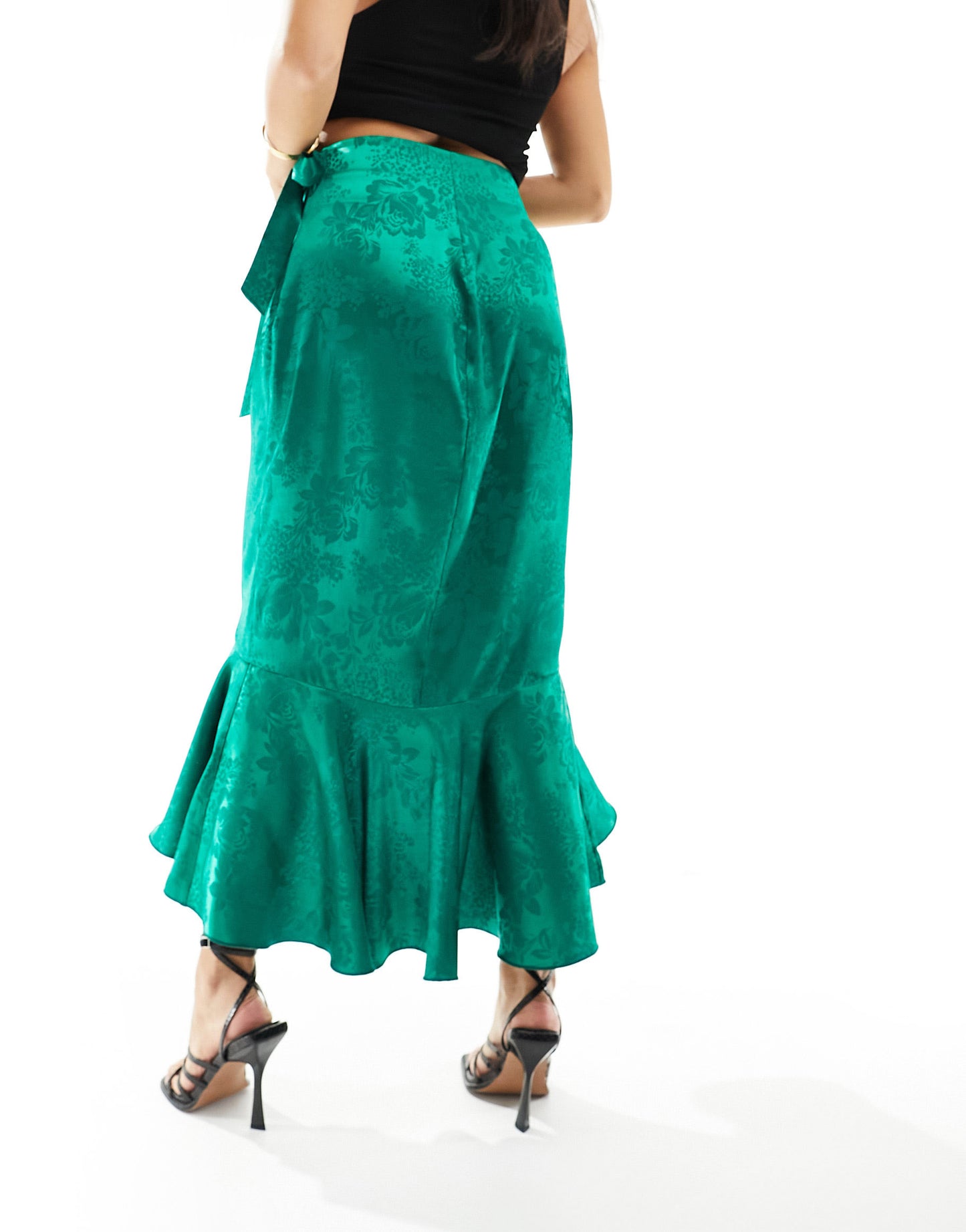 Flounce London Petite satin wrap midaxi skirt in emerald green