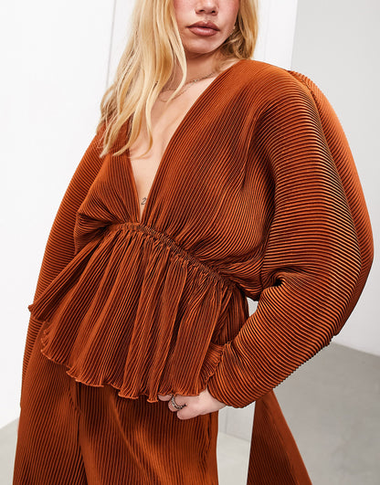 ASOS EDITION plisse volume sleeve plunge neck top in rust