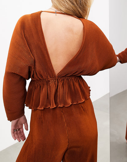 ASOS EDITION plisse volume sleeve plunge neck top in rust