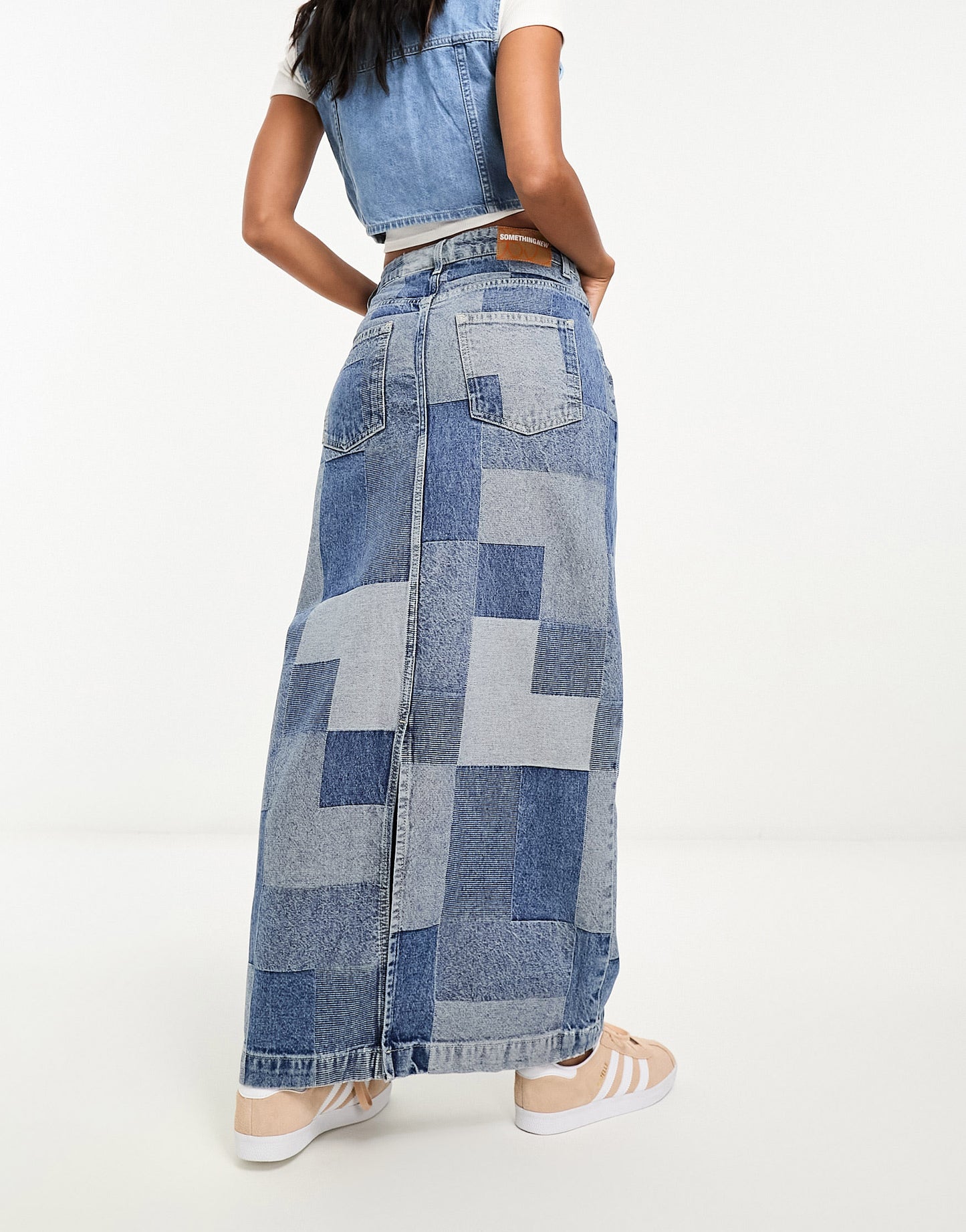 Something New X GORPECORE SQUAD patchwork maxi denim skirt in medium blue wash