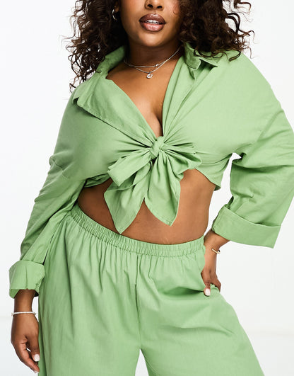 Esmee Plus beach loose fit tie front shirt co-ord in sage green