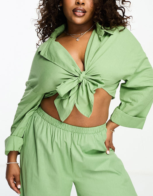 Esmee Plus beach loose fit tie front shirt co-ord in sage green