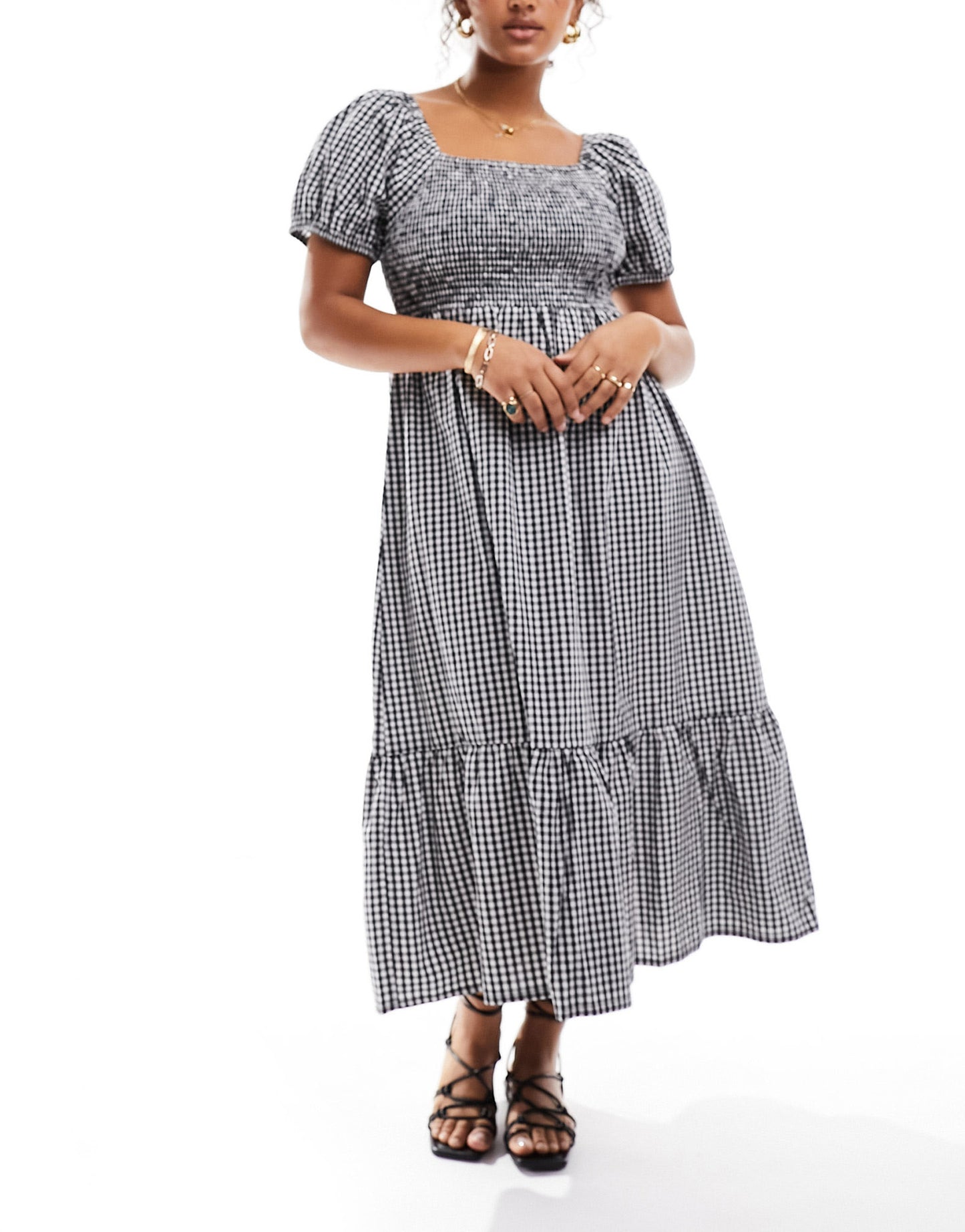 Esmee Plus beach puff sleeve ruched maxi dress in gingham