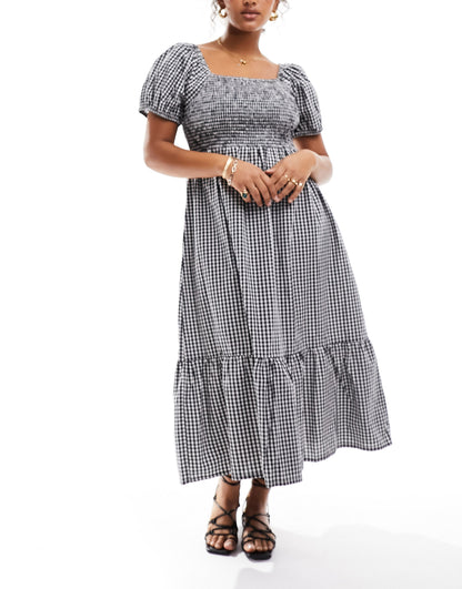 Esmee Plus beach puff sleeve ruched maxi dress in gingham