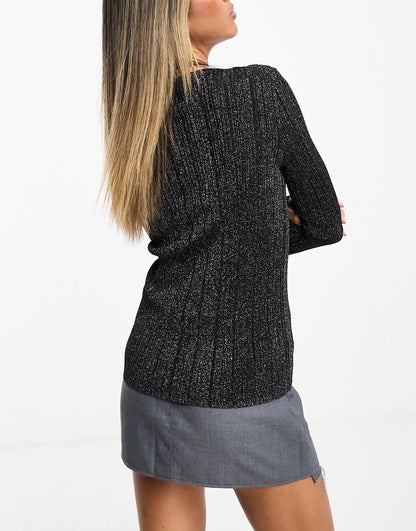 & Other Stories shrunken knitted variegated  rib top in  black with silver metallic